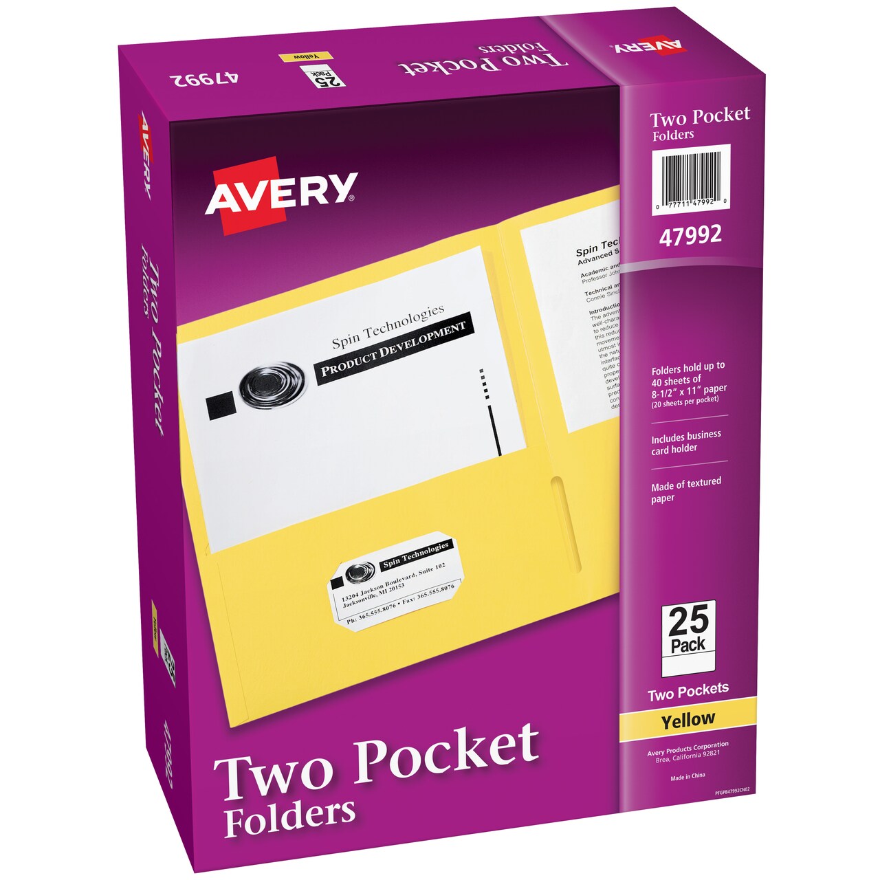 Avery Two Pocket Folders, Holds up to 40 Sheets, Business Card Slot, 25 Yellow Folders (47992)